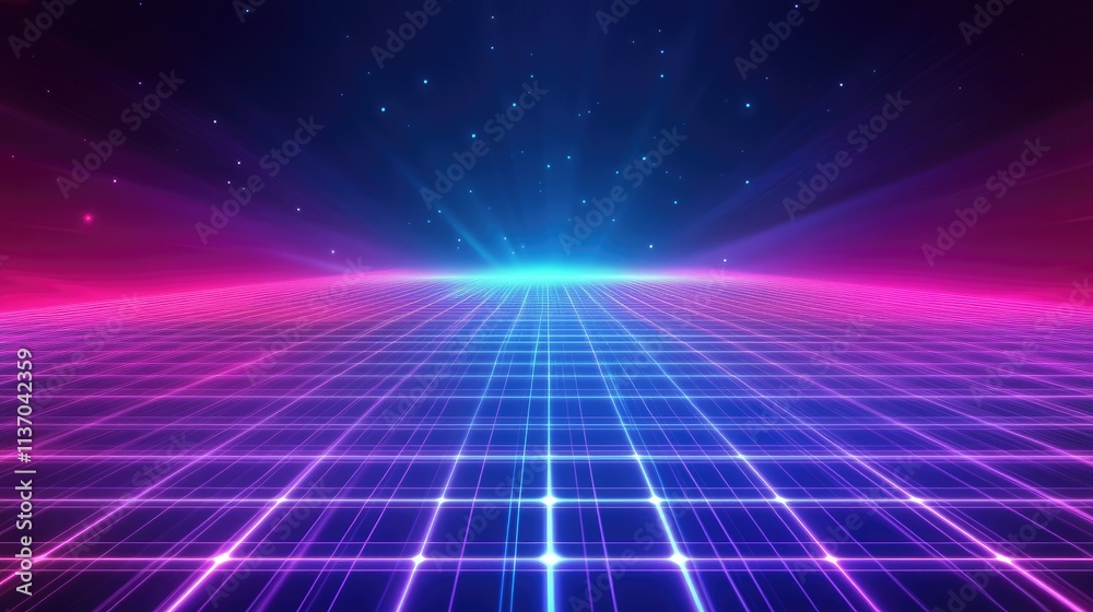 Abstract grid background with vibrant pink and blue neon lights, creating a futuristic, digital landscape. Abstract grid background with vibrant pink and blue neon lights, creating a futuristic, digital landscape.