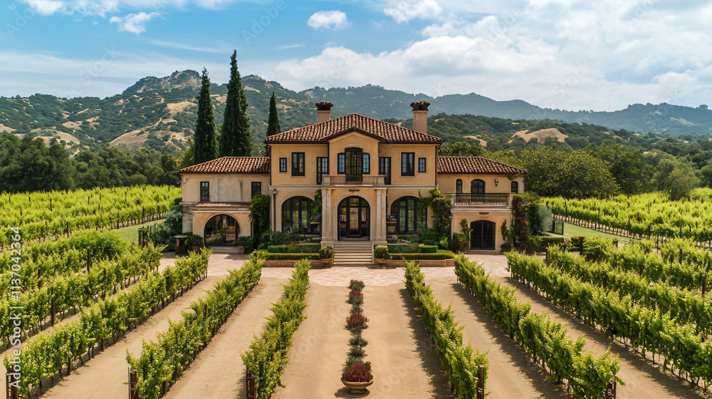 A Renaissance-style villa surrounded by vineyards, with rolling hills in the background. A Renaissance-style villa surrounded by vineyards, with rolling hills in the background.