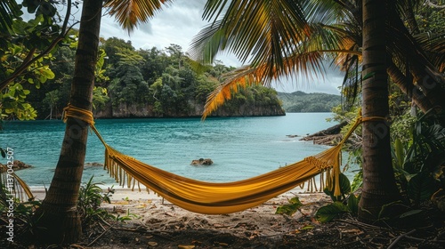 A serene beach scene featuring a yellow hammock between palm trees by turquoise waters.