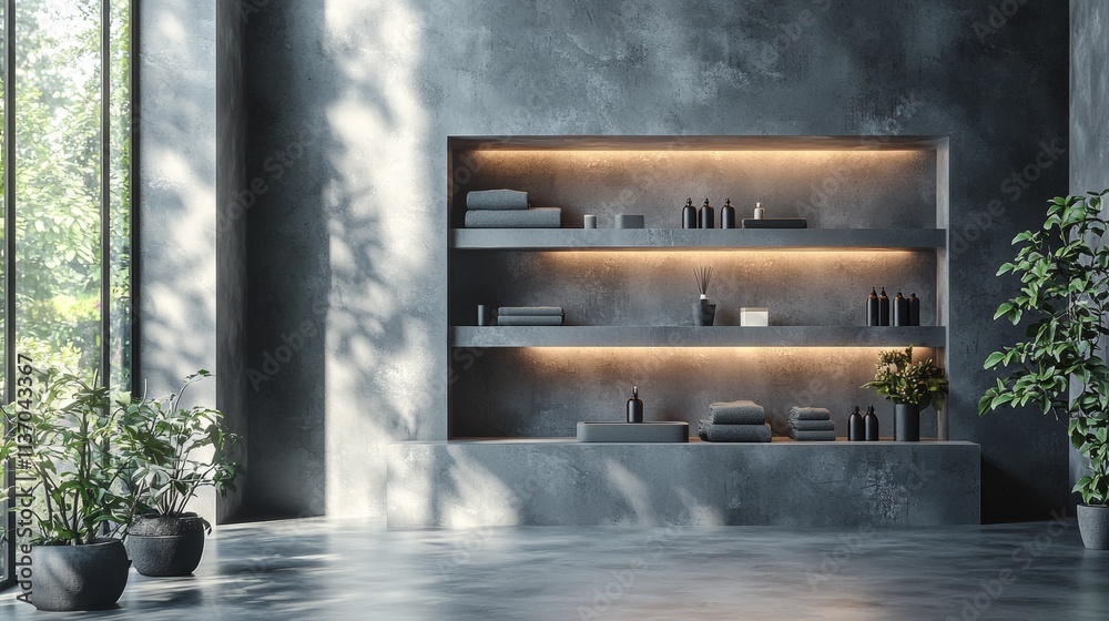 Minimalist modern interior with concrete shelves and greenery Minimalist modern interior with concrete shelves and greenery