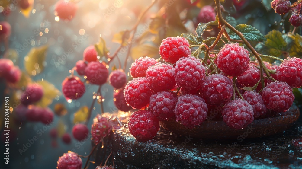 Ripe raspberries on lush green leaves in soft glowing light