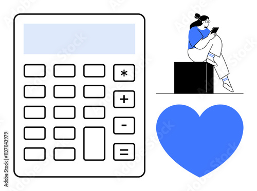 Giant calculator with various buttons, person seated on block using smartphone, large blue heart nearby. Ideal for finance, technology, communication, education, analytics, love social media themes