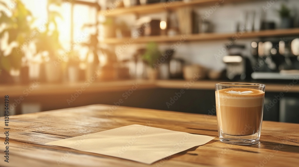 Minimal layout with blank paper and coffee cup, versatile for coffee shop menu templates, marketing, or advertisement designs Minimal layout with blank paper and coffee cup, versatile for coffee shop menu templates, marketing, or advertisement designs