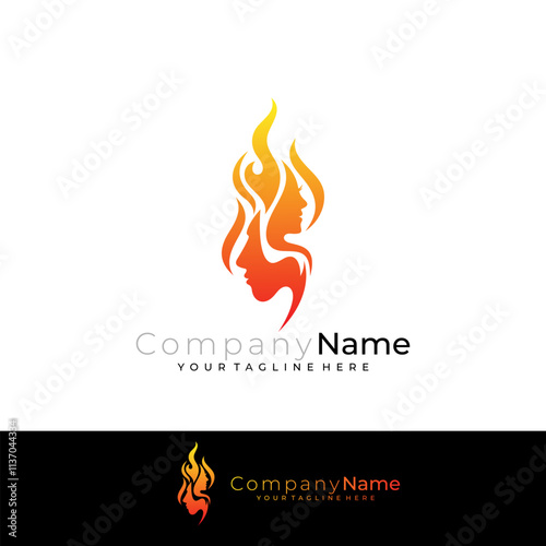 logo of two faces of a man and a woman burning with flame
