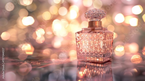 A vintage-style perfume bottle with a romantic label, standing on a glass surface with soft pink and gold reflections and an intimate, warm atmosphere. photo