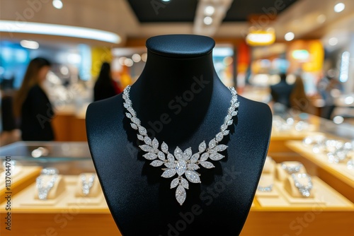 A stunning diamond necklace centerpiece elegantly showcased on a black stand, surrounded by illuminated jewelry pieces within a sophisticated retail environment.