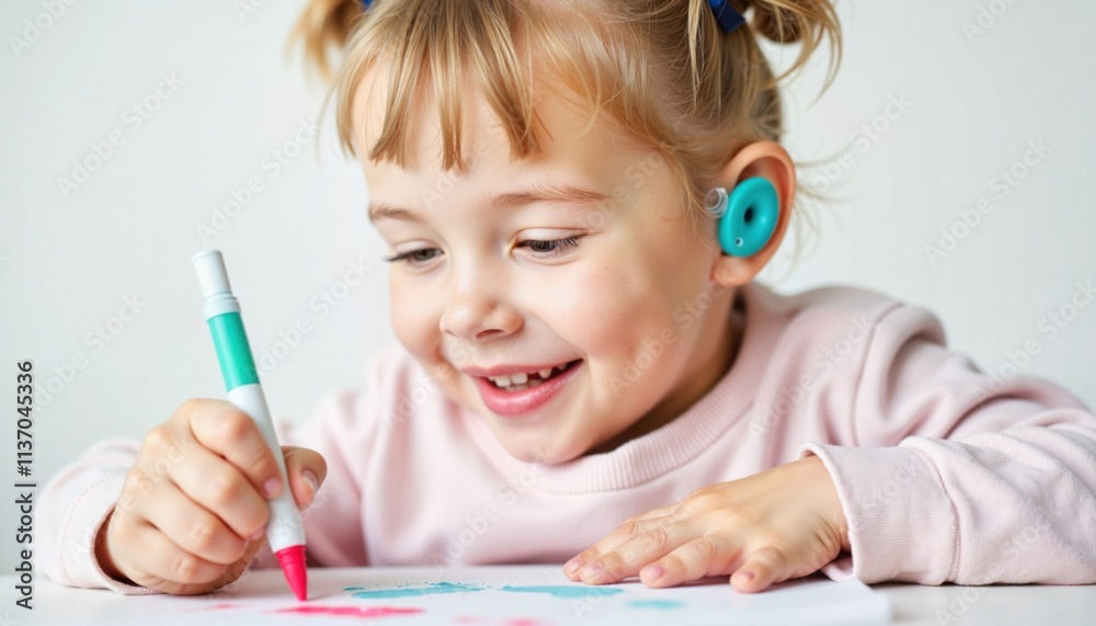 Smiling girl with hearing aid drawing colorful shapes at table Smiling girl with hearing aid drawing colorful shapes at table