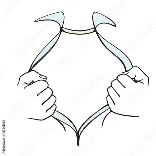 Superhero style shirt reveal with two hands tearing open a shirt showing a blank space for text in line art vector style