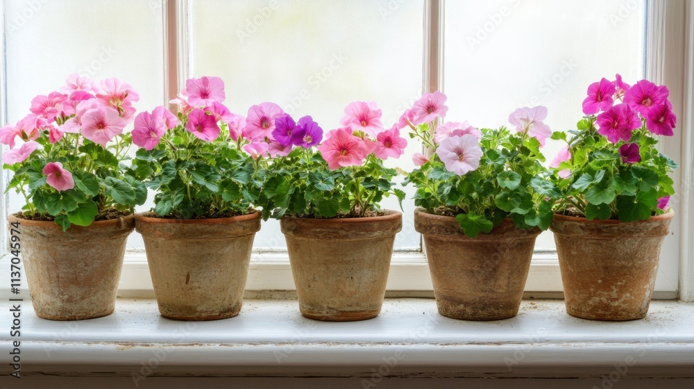 Colorful Petunia Flowers in Terracotta Pots on Bright Window Sill Colorful Petunia Flowers in Terracotta Pots on Bright Window Sill
