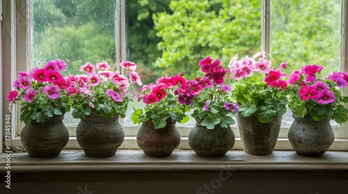 Colorful Flower Pots on a Window Sill with Lush Green Background