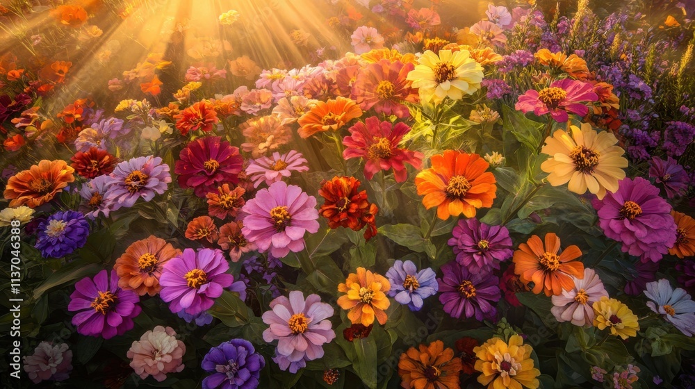 Vibrant Garden of Colorful Flowers with Sunlight and Warmth Vibrant Garden of Colorful Flowers with Sunlight and Warmth