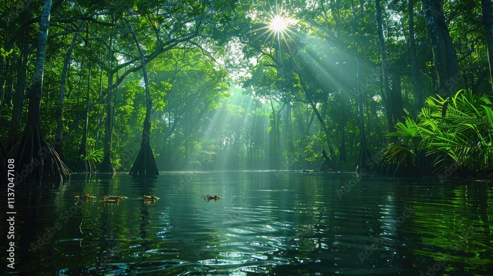 Obraz premium A serene forest scene with sunlight filtering through trees, reflecting on calm water.