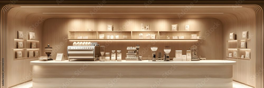 Modern Coffee Shop Interior Design, Minimalist Wood Bar with Espresso Machine and Coffee Supplies, Creating a Warm and Inviting Atmosphere. Modern Coffee Shop Interior Design, Minimalist Wood Bar with Espresso Machine and Coffee Supplies, Creating a Warm and Inviting Atmosphere.