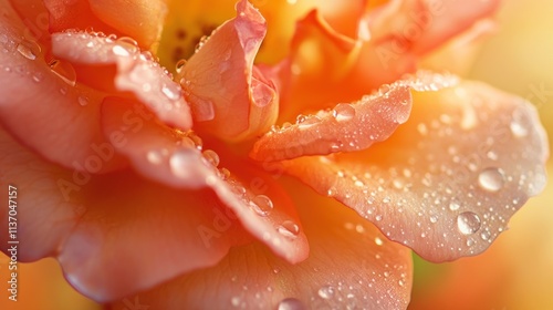 Closeup of Dew Drops on a Peach Rose Petal