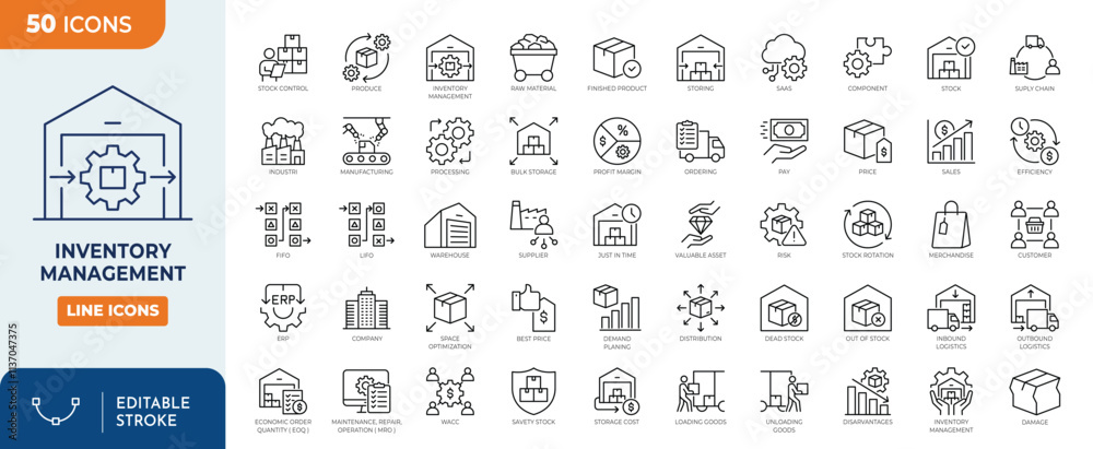 Inventory Management line editable icon set. Containing warehouse, company, industry, supply chain, storage, manufacturing, component icon and more. Vector illustration Inventory Management line editable icon set. Containing warehouse, company, industry, supply chain, storage, manufacturing, component icon and more. Vector illustration