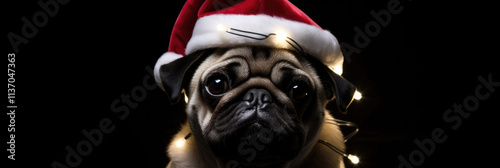 Pug wearing a Santa hat on a dark background with lights