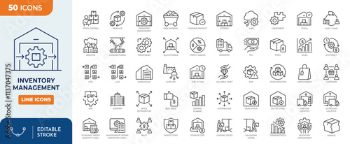 Inventory Management line editable icon set. Containing warehouse, company, industry, supply chain, storage, manufacturing, component icon and more. Vector illustration