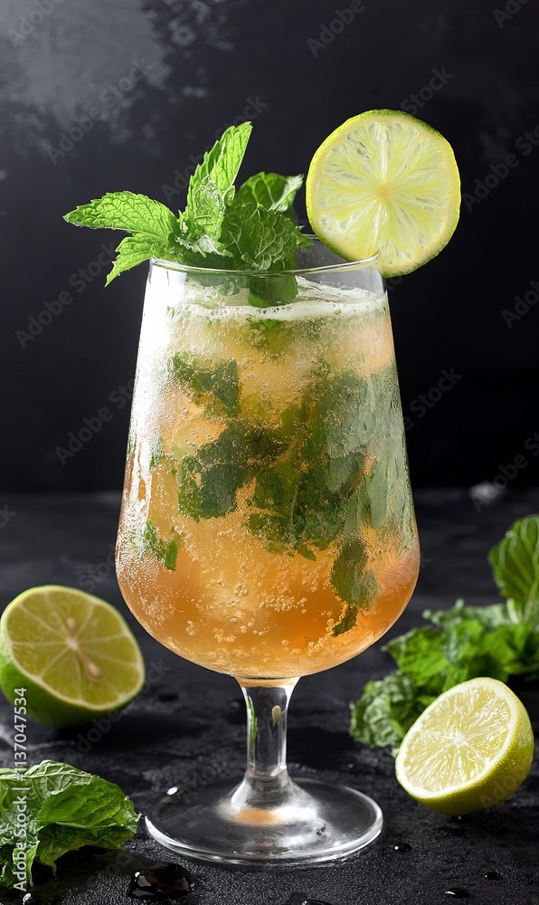 Fototapeta premium Refreshing iced tea cocktail with lime and mint garnish in a stemmed glass on dark background.