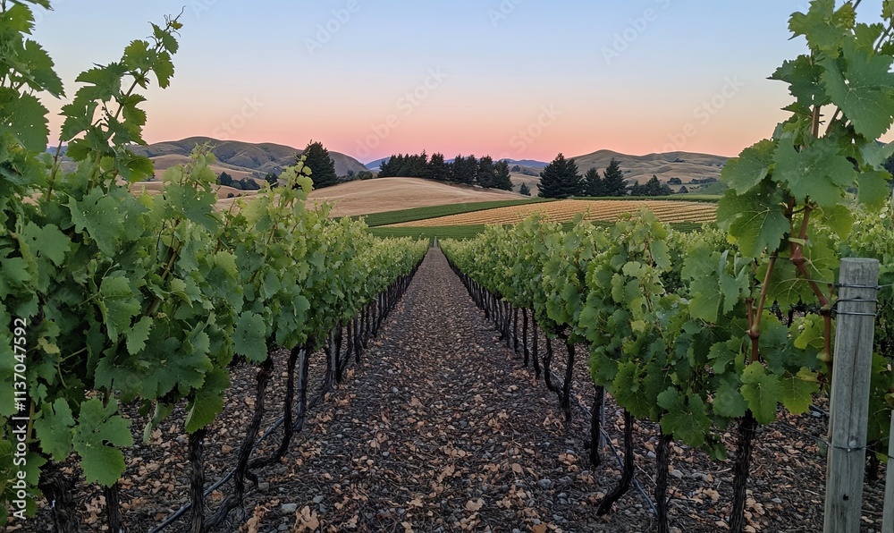 Fototapeta premium Rows of grapevines in a vineyard at sunset, leading to rolling hills under a soft pink sky.