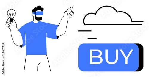 Man wearing VR headset holding lightbulb and pointing cloud above large buy button. Ideal for e-commerce, innovation, technology, virtual reality, cloud computing, online shopping, digital marketing