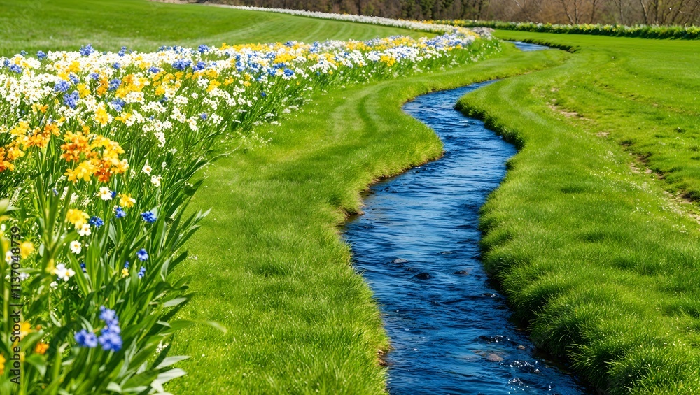 Obraz premium A Winding River Flows Through a Meadow Filled with Vibrant Spring Flowers. Nature Photography Concept