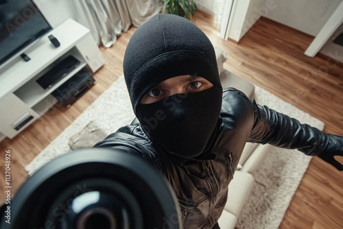 masked intruder dressed in black captured on camera inside a modern home with wooden floors and minimalistic decor
