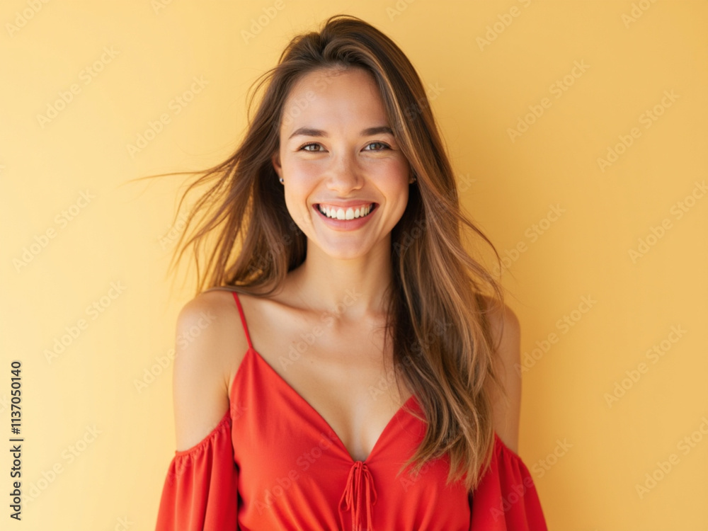 portrait of a woman on a red casual outfit and yellow studio portrait of a woman on a red casual outfit and yellow studio