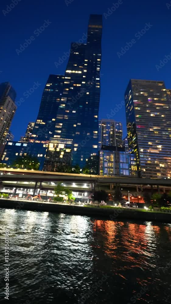 Amazing view of Chicago skyscrapers at night from a river cruise, Illinois Amazing view of Chicago skyscrapers at night from a river cruise, Illinois