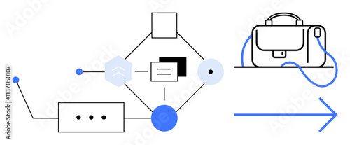 Flowchart elements connected by lines leading to a briefcase, signifying business processes. Ideal for presentations, workflow diagrams, business planning, project management, organizational charts