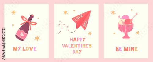 A collection of cute Valentine's Day cards. Minimalistic, bright cards, posters with inscriptions