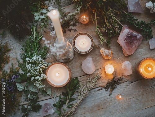 pagan altar with branches, candles and quartz stones photo