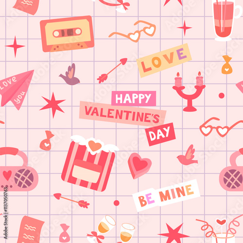 Vintage Valentine's Day pattern. Inscriptions, cassette, cocktail. Suitable for textiles, wrappers, wallpapers