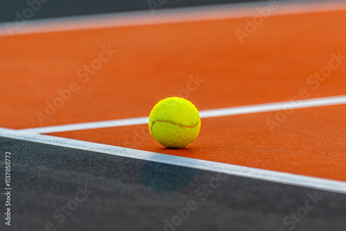 Yellow tennis ball on orange and black tennis court - pickleball court with white baseline and black out of bounds	