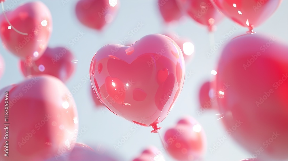 Heart-shaped pink balloons drifting against a white background, with soft shadows casting over them. Heart-shaped pink balloons drifting against a white background, with soft shadows casting over them.