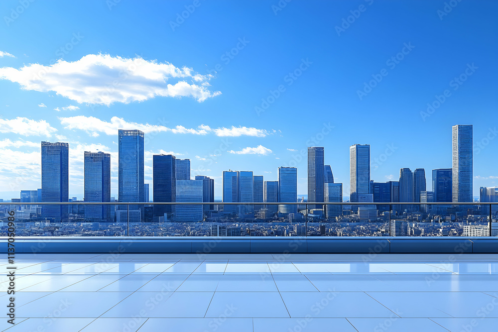 Obraz premium Modern Cityscape Viewed from Rooftop Terrace with Glass Railing under a Bright Blue Sky