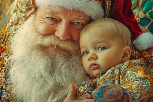 Gleeful xmas, Ñute baby boy contentment with santa claus. Christmas ad campaign creative visual for advertisement and social networks use. Xmas sale banners. Santa claus child happy. photo