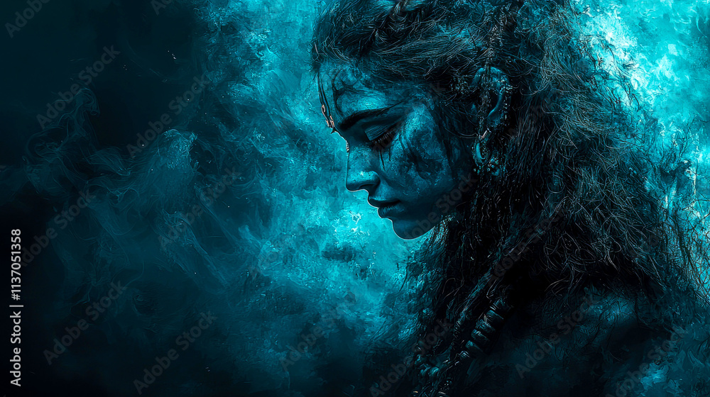 Woman in blue mystical makeup. Woman in blue mystical makeup.