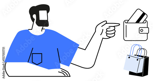 Man pointing at wallet with credit card beside shopping bags. Ideal for e-commerce, shopping, online payment, digital wallet, consumer behavior, retail, financial transactions. Line metaphor