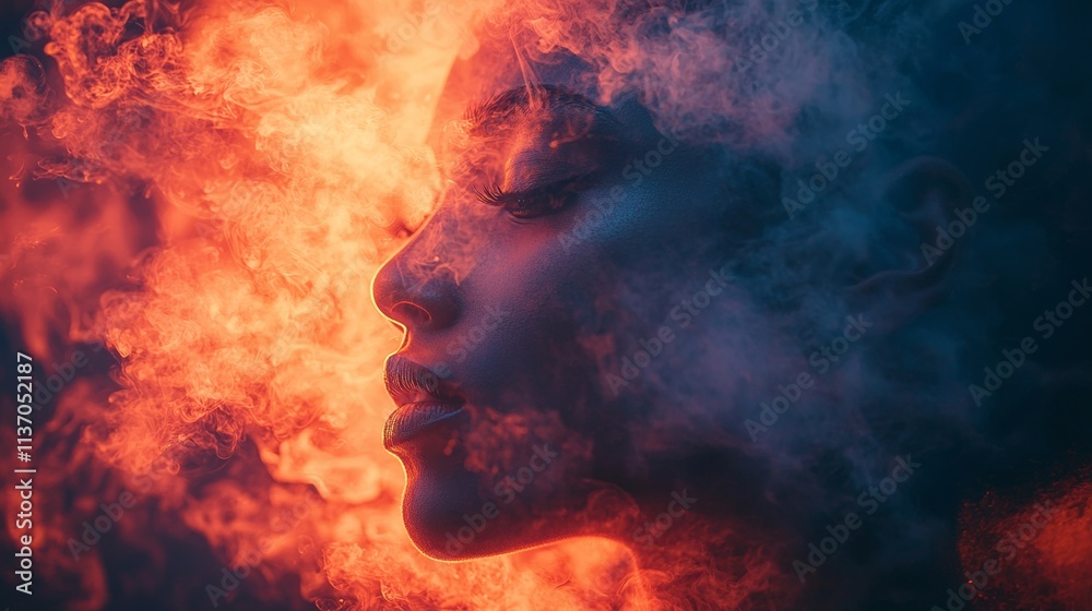 Silhouette of a woman's face surrounded by glowing fiery textures Silhouette of a woman's face surrounded by glowing fiery textures