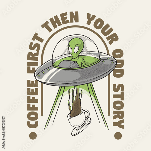 retro cartoon emblem of ufo taking glass of coffee