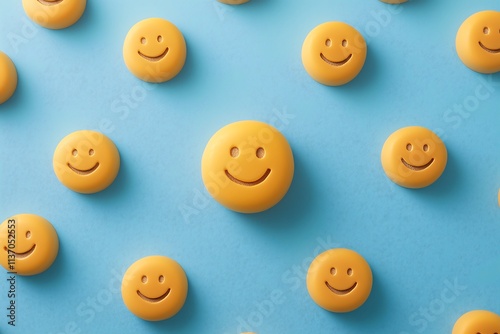 Multiple yellow round objects with smiley faces create a positive pattern on a light blue surface