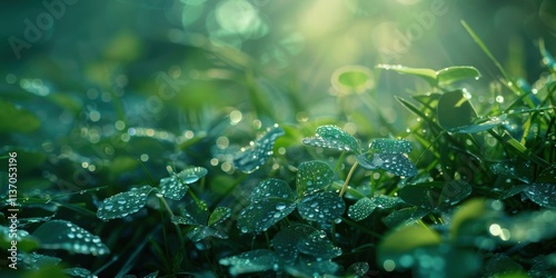 Fototapeta Naklejka Na Ścianę i Meble -  Close-up of dew drops on grass in a lush environment after morning rain, highlighting condensation, ecology, and sustainability during the summer