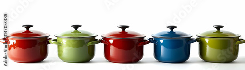 Colorful Enamel Pots Arranged on White Background