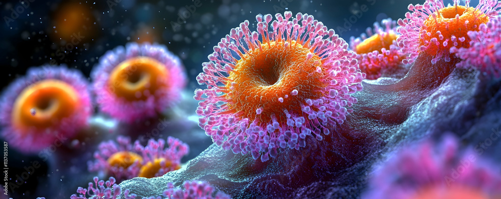 Naklejka premium Microscopic Cellular Structures, Vivid Colors, Abstract Background