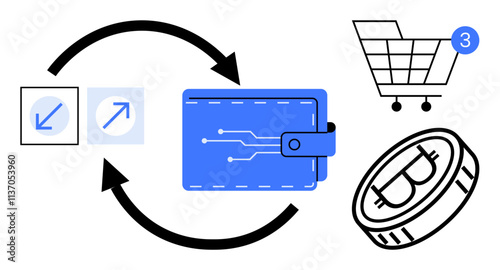 Digital wallet with circuit design and arrows, cryptocurrency coin, shopping cart with three items notification. Ideal for e-commerce, online transactions, digital wallets, crypto payments, financial