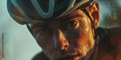 Sweaty cyclist in helmet concentrates for a marathon, competing in a sports event. Advertising space available in the sky mockup for fitness training promotion photo