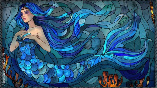 Stained Glass Mermaid in a Blue Ocean
