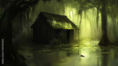 A secluded hut by a stagnant swamp, its walls weathered and a faint shadow moving across the grimy windows.