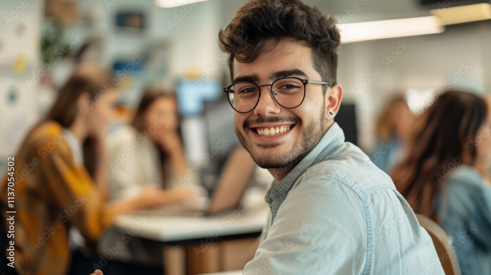 Happy young professional smiling while working on a computer in a coworking space, focused on marketing and communication tasks using technology Happy young professional smiling while working on a computer in a coworking space, focused on marketing and communication tasks using technology