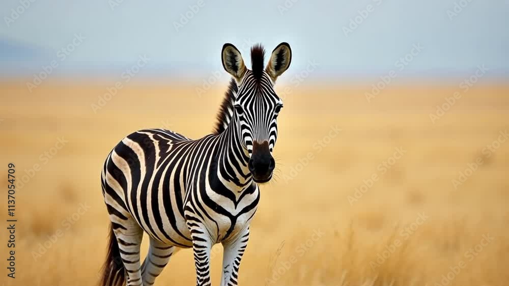A zebra in the savannah, black and white stripes against golden-brown grass. The pale blue sky looks peaceful.